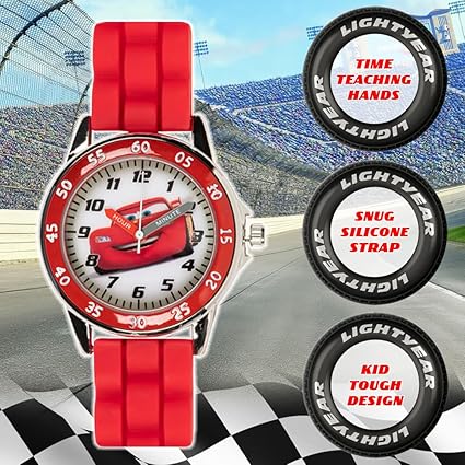 Kids' Time-Teaching Watch – Lightning McQueen Design with Red Silicone Strap, Easy-to-Read Dial, and Adjustable Fit