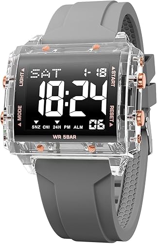 Digital Sports Watch, Square Case 44mm, LED Night Light Display, 5ATM Waterproof, Silica Gel Band, Alarm Chronograph Stopwatch