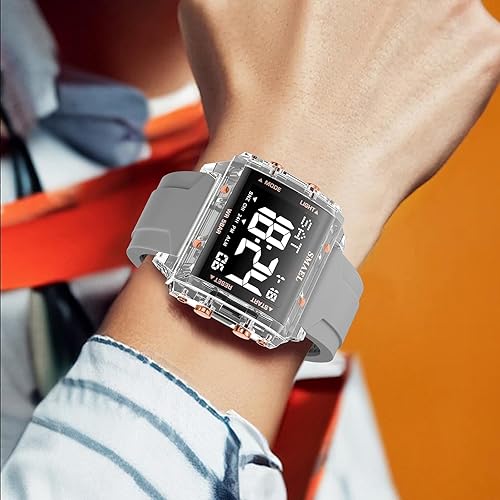 Digital Sports Watch, Square Case 44mm, LED Night Light Display, 5ATM Waterproof, Silica Gel Band, Alarm Chronograph Stopwatch