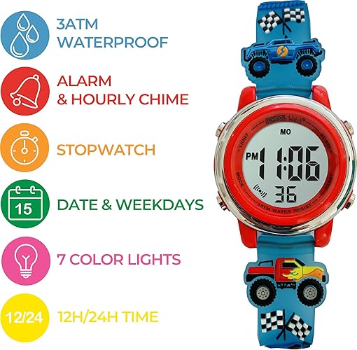 Kids Digital Light Up Watch - Monster Trucks, Girls, Boys, Children, School